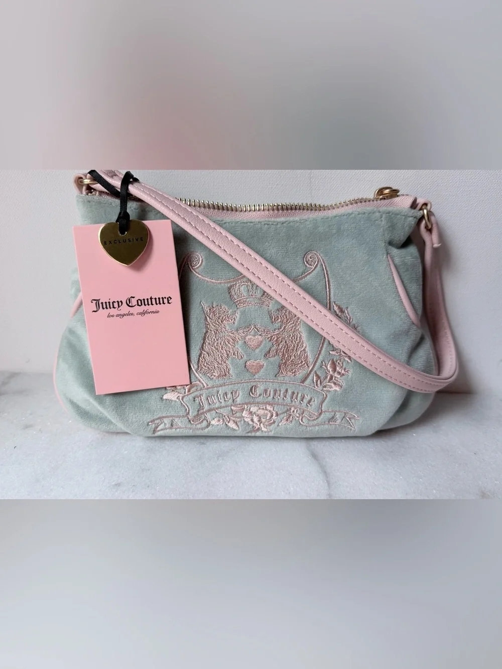 Juicy Couture Mint and Pink Embroidered Crest mini Bag Scottie dod